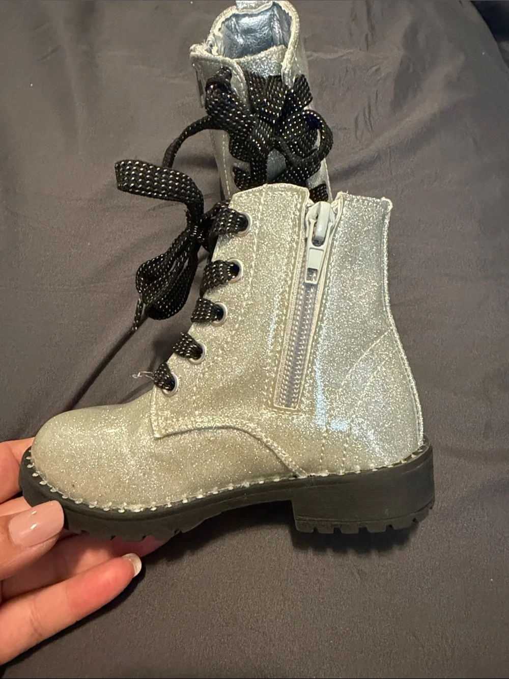 Kids Glitter Combat Boots - Silver